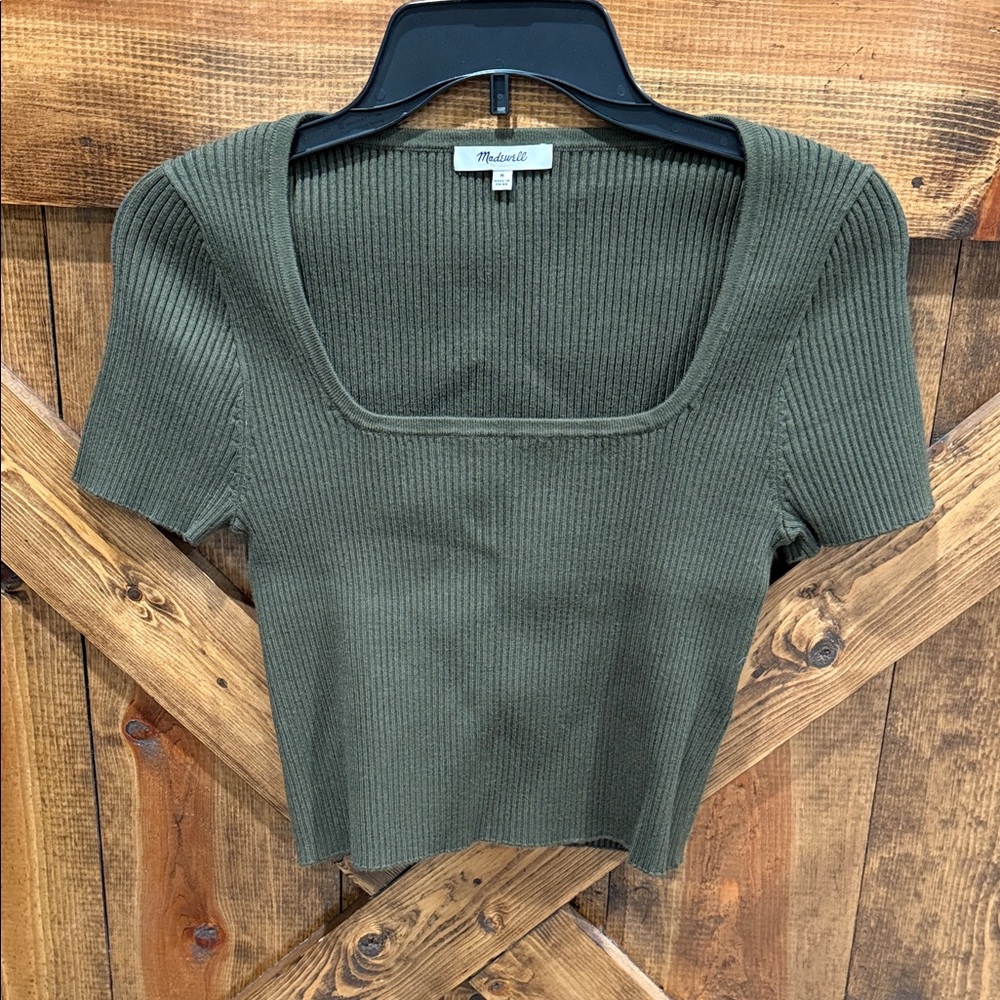 Madewell Ribbed Square-Neck Short Sleeve Top in Olive